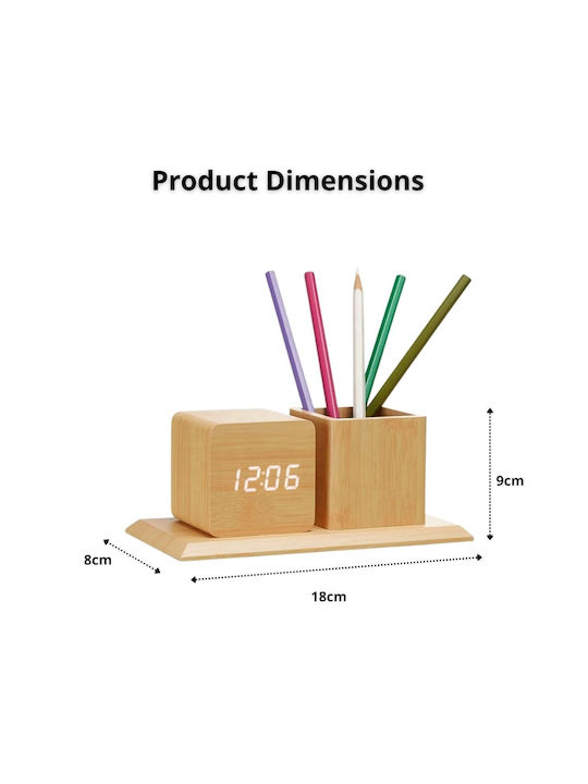 Wooden Digital Tabletop Clock Pencil Holder & Thermometer Beige