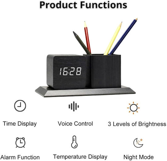 Wooden Digital Tabletop Clock Pencil Holder & Thermometer Black