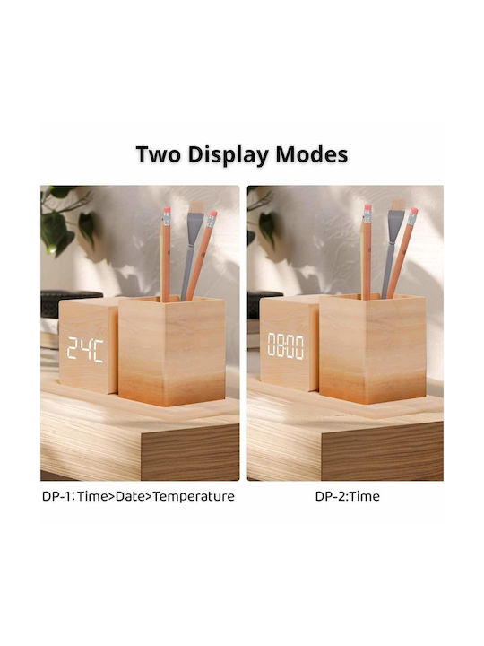 Wooden Digital Tabletop Clock Pencil Holder & Thermometer Beige