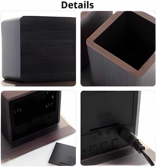 Wooden Digital Tabletop Clock Pencil Holder & Thermometer Black