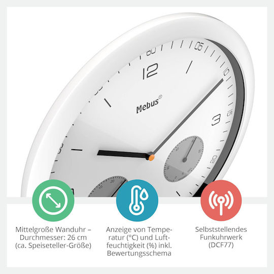 Mebus Radio Controlled Wall Clock Ceas de Perete Metalic Alb Ø26cm