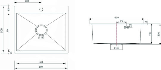Sanitec 6050S-60 Επικαθήμενος Inox Σατινέ Μ60xΠ50cm Γκρι