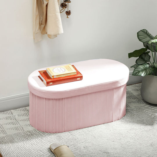 Collapsible Bench Stool With Storage Space Upholstered In Pink Velvet 76x38x35cm