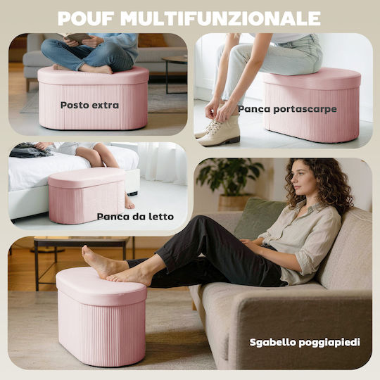 Collapsible Bench Stool With Storage Space Upholstered In Pink Velvet 76x38x35cm