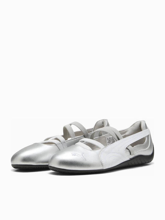 Speedcat Leather Women's Ballerina Shoes With Strap In Silver Colour