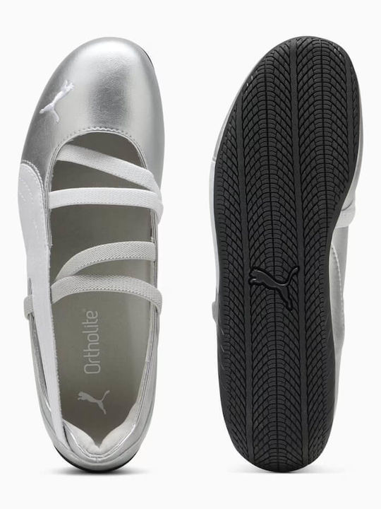 Speedcat Leather Women's Ballerina Shoes With Strap In Silver Colour