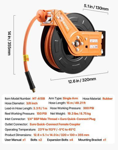 Vevor Automatic Wall Mounted Hose Reel with 15m Hose