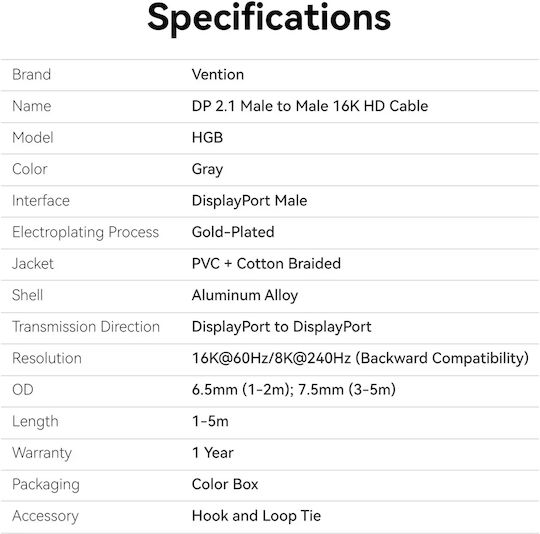 Vention Cable Display Port V2.1 Dp M M Black 16k@60hz 3m Hgbhi