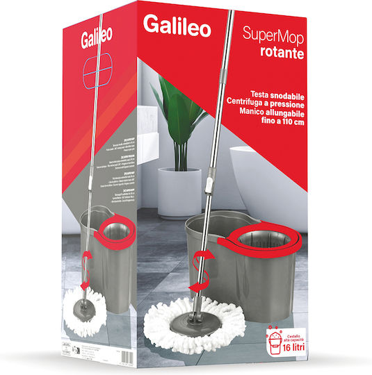 Galileo Super Mop Spin 16 Liters Extendable Handle Up to 110 cm Microfibers Grey Red 5917609