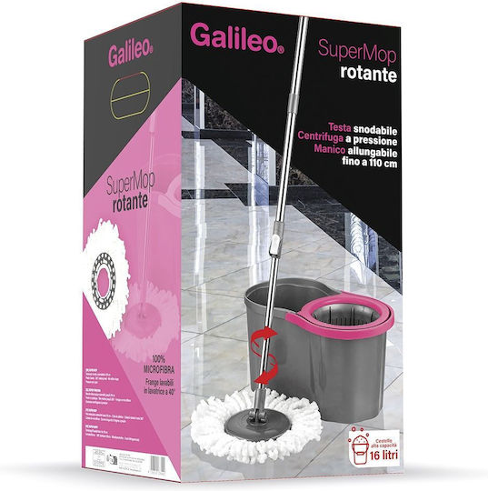 Galileo Super Mop Spin 16 Liters Extendable Handle Up to 110 cm Microfibers Grey Red 5917609