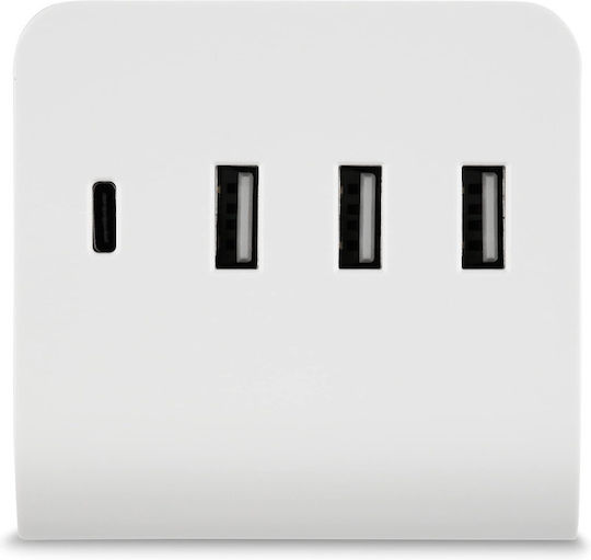 REV Εξωτερική Πρίζα με 4 Θύρες USB Λευκή