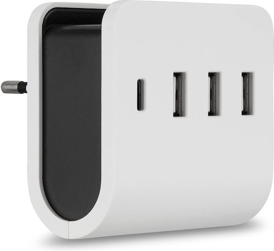 REV Εξωτερική Πρίζα με 4 Θύρες USB Λευκή
