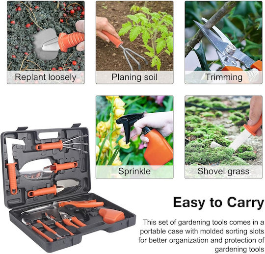 Set 10 Unelte de Grădină Alista Home Pentru Plantare Pregătirea Solului Îngrijirea Plantelor Mânere Portocalii Pvc Material Oțel Inoxidabil Cutie Inclusă 37x28x7 Cm Negru