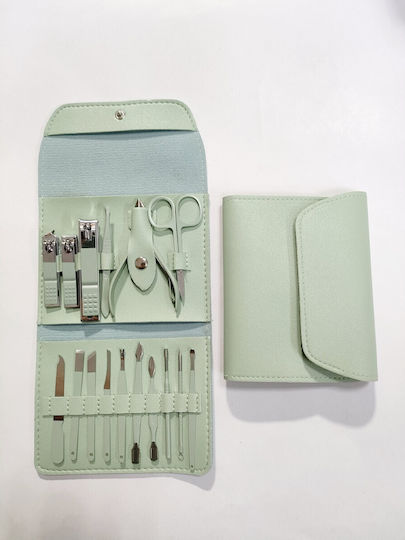 Set Cosmetic De Îngrijire 16 Piese Manichiură Pedichiură Față Include Geantă Organizator Din Eco-piele Verde