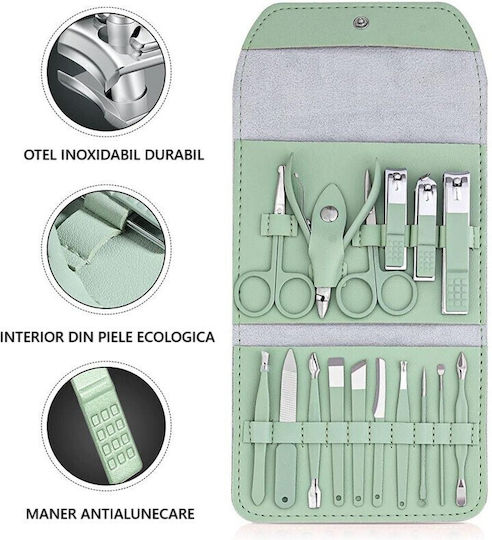 Set Cosmetic De Îngrijire 16 Piese Manichiură Pedichiură Față Include Geantă Organizator Din Eco-piele Verde