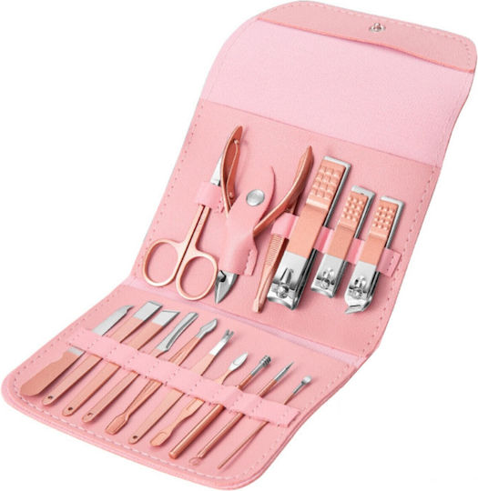 Set Cosmetic De Îngrijire 16 Piese Manichiură Pedichiură Față Include Geantă Organizatoare Din Piele Eco Roz