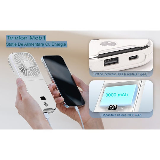 Alista Home Ventilator Portabil 3 În 1 De Mână Pentru Gât Birou 16 7 X 8 X 1 9 Cm 3 Niveluri De Viteză Încărcare USB Pliabil Display Digital Suport Telefon Alb