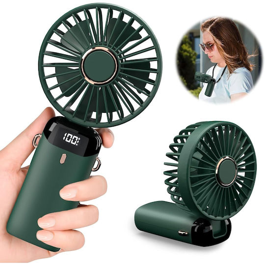 Ventilator Ultra Portabil Aromaterapie Alista Home 3 În 1 De Mână Birou Gât 5 Niveluri Viteză Încărcare USB Durată Baterie 12h Ecran LCD Pliabil Verde