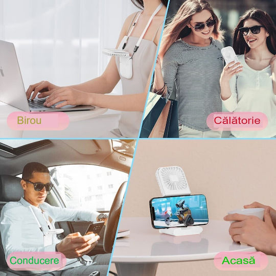Alista Home Ventilator Portabil 3 În 1 De Mână Pentru Gât Birou 16 7 X 8 X 1 9 Cm 3 Niveluri De Viteză Încărcare USB Pliabil Display Digital Suport Telefon Alb