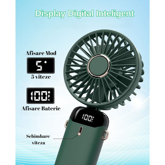 Ventilator Ultra Portabil Aromaterapie Alista Home 3 În 1 De Mână Birou Gât 5 Niveluri Viteză Încărcare USB Durată Baterie 12h Ecran LCD Pliabil Verde