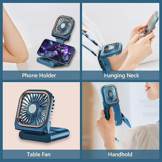 Alista Home Ventilator Portabil 3 În 1 De Mână Pentru Gât Birou 16 7 X 8 X 1 9 Cm 3 Viteze Încărcare USB Pliabil Display Digital Suport Telefon Albastru
