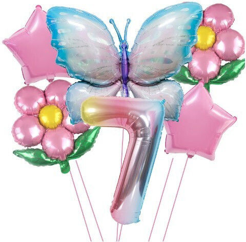 Set 6 Balloons Numbers 7 Flowers Foil Multicolour