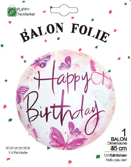 Balon Rotund Zi De Naștere Fluturi Folie Roz 45 cm