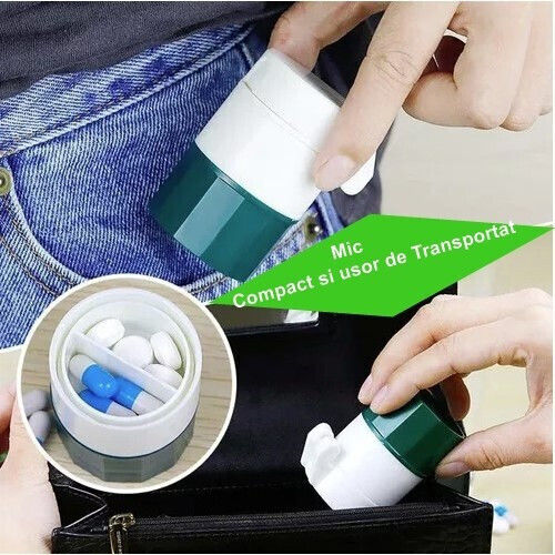 Cutie Multifuncțională Pentru Pastile Alista Home 4 În 1 Pahar Pentru Apă Tăiere Zdrobire Depozitare Compactă ABS Lamă Din Oțel Inoxidabil Alb Verde 8,7x6,2x4,1 Cm