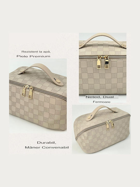 Geantă De Călătorie Pentru Cosmetice Alista Home Portabilă Impermeabilă Din Piele Eco Cu Compartimente Multiple Și Fermoar 22 X 13 X 12.5 Cm Albă În Carouri