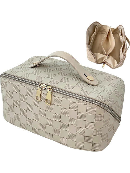 Geantă De Călătorie Pentru Cosmetice Alista Home Portabilă Impermeabilă Din Piele Eco Cu Compartimente Multiple Și Fermoar 22 X 13 X 12.5 Cm Albă În Carouri