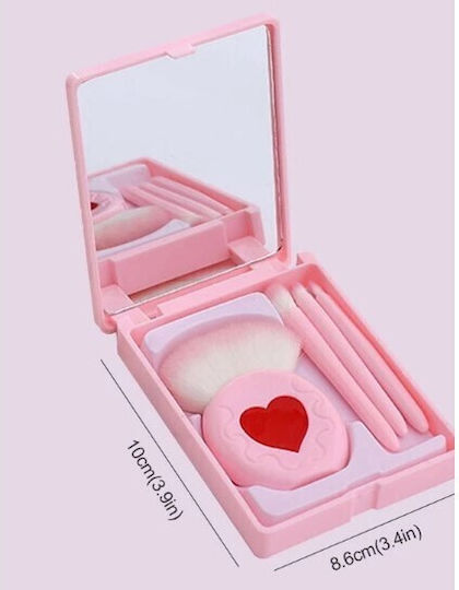 Set 4 Mini Makeup Brushes Alista Home Portable In Case Mirror Made Soft Synthetic Hair Pink Heart Design 12x7x2.5 Cm