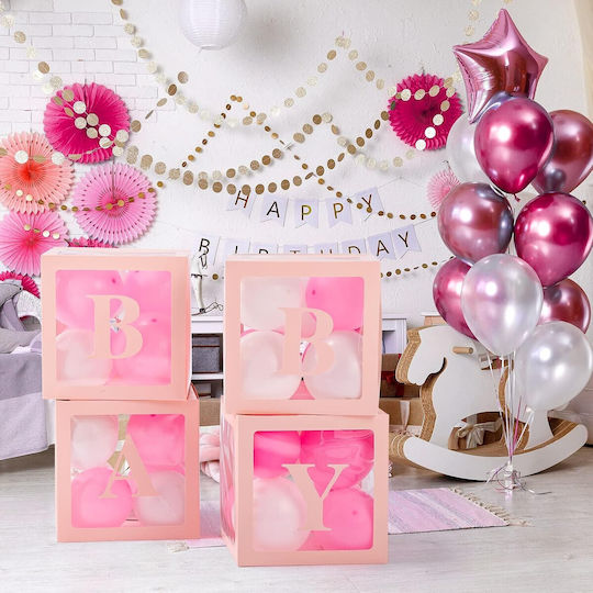 Set 4 Cutii Pentru Baloane Alista Home Baby Script Design Temă Dragoste Cuburi Decorative Din Plastic Accesorii Pentru Petreceri 30 X 30 Cm Contur Roz Transparent