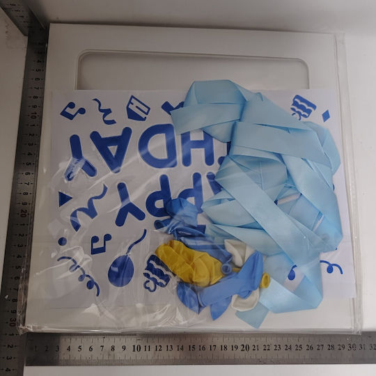 Cutie Baloane Alista Home Tematică La Mulți Ani! Design Script Baloane Albastre Albe Galbene Panglică Inclus Contur Alb Transparent 30x30 Cm