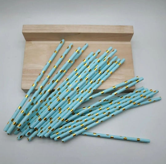 Set 10 Straws Alista Home Paper 19.5 Cm Blue Gold Polka Dot Pattern