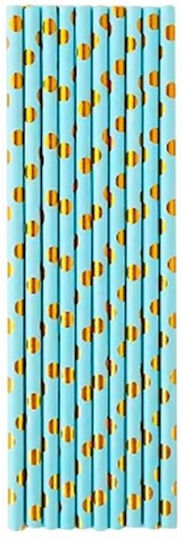 Set 10 Straws Alista Home Paper 19.5 Cm Blue Gold Polka Dot Pattern