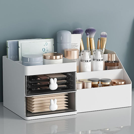 Cutie de Depozitare pentru Birou Alista Home Organizator pentru Machiaj și Papetărie Cosmetice 2 Sertare Compartimente Multiple Model Iepuraș Plastic 27.5x15.5x12 cm Alb