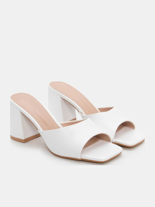 Women's Mules with Chunky High Heel in White Color