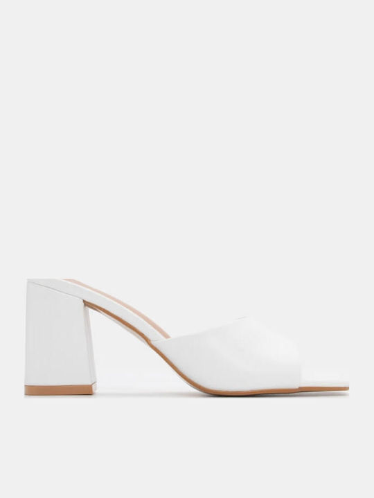 Women's Mules with Chunky High Heel in White Color