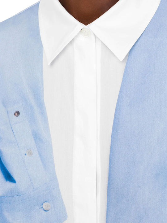 Langärmeliges Damen-Denim-Halbknopfhemd Weiß- Hellblau