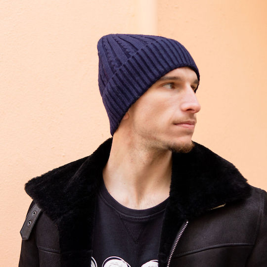 Мъжка Плетена Шапка Beanie в Син Цвят