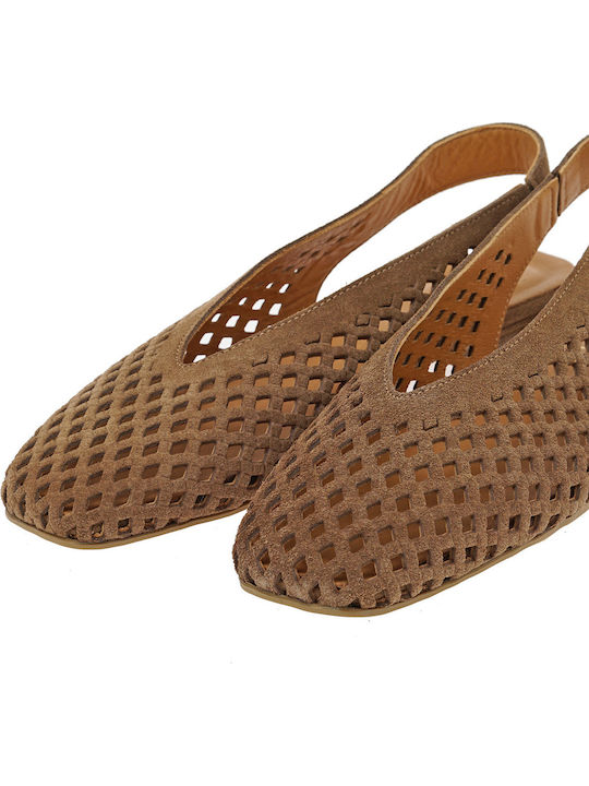 Suede Γυναικείες Μπαλαρίνες Slingback σε Καφέ Χρώμα