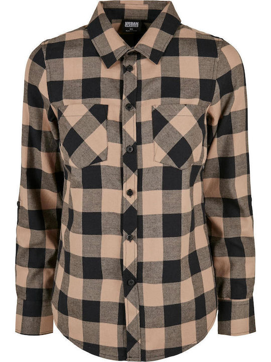 TB1280 Women's Checked Long Sleeve Shirt Black/Soft Taupe