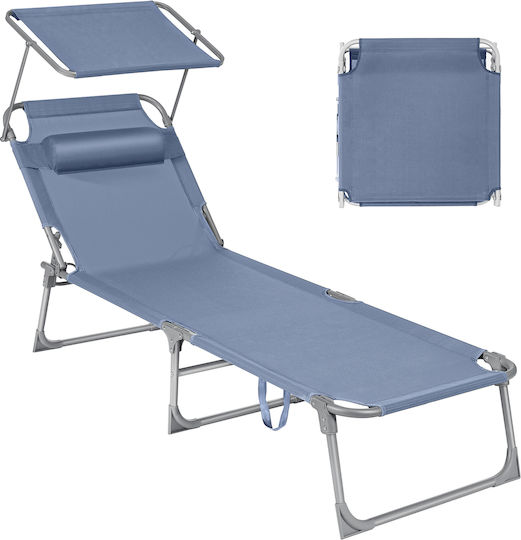 Songmics Șezlong De Plajă Albastru Pliabil Din Oțel Cu Parasolar Și Pernă 193x53x29cm