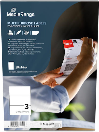 MediaRange 150 Self-Adhesive Rectangular A4 Labels 210x99mm