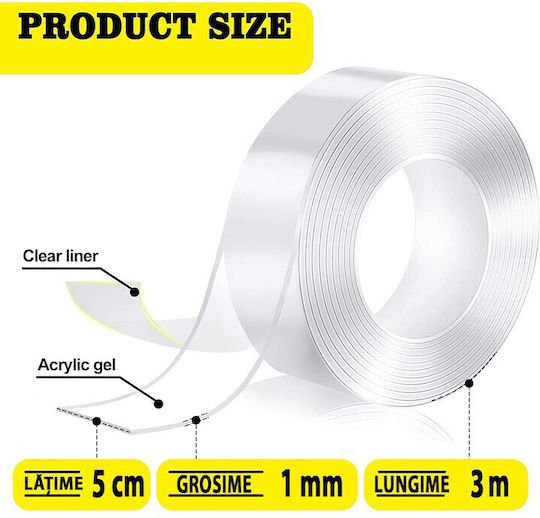 Bandă Dublă Adezivă Alista Home Transparentă Impermeabilă Reutilizabilă Tehnologie Nano 50mm X 1mm X 3m Fără Reziduuri