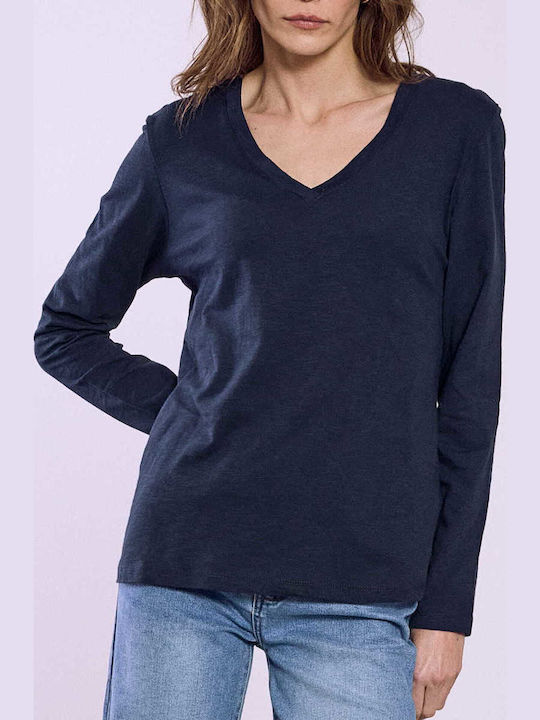Celestino Women's Long Sleeve Cotton Blouse Dark Blue