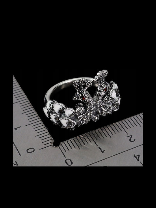 Spectacular Silver Enamel Ring Natural Marcasites Bird Size 14.5