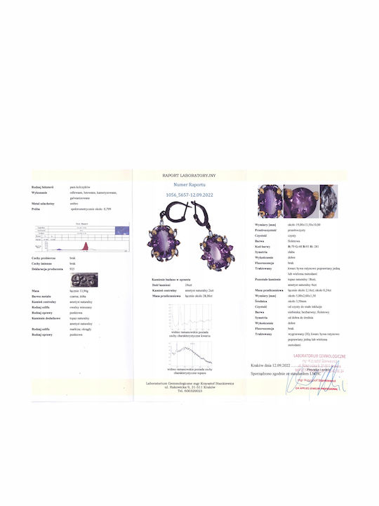 Silver Earrings 28ct Amethysts Topazes Certificate
