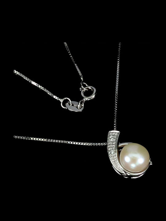 Silver Necklace Elegant Delicate Natural Cream Pearl Zirconia 925