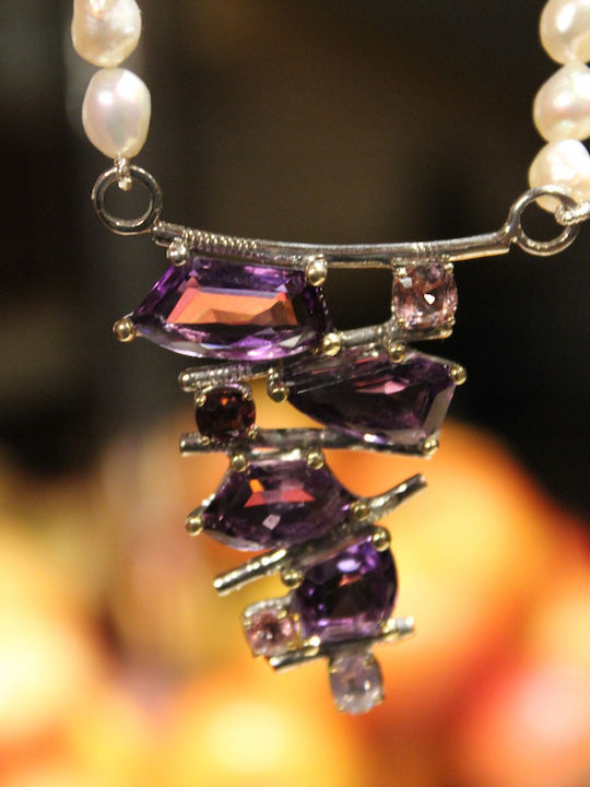 Silver Necklace Natural Amethysts Pearls Spinels